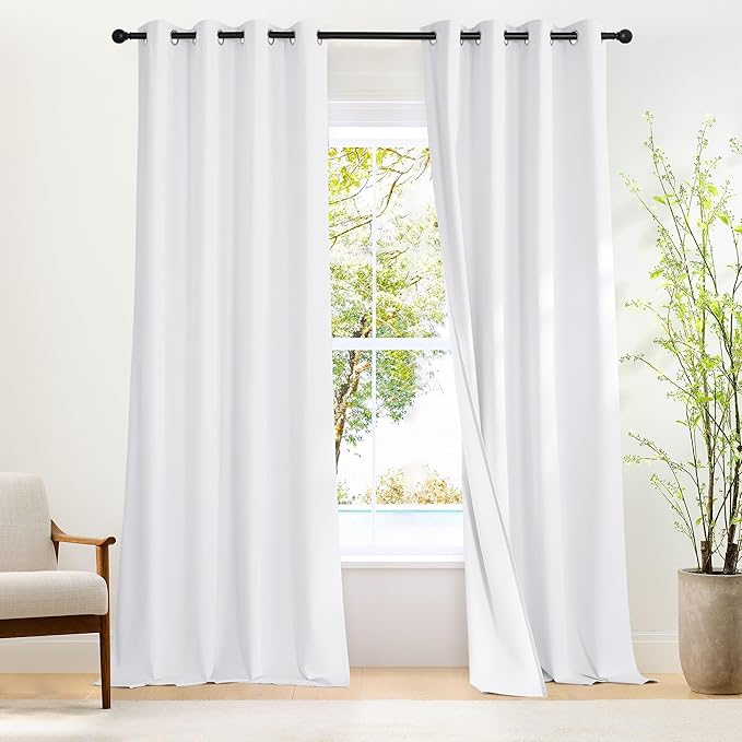 NICETOWN White 100% Blackout 102 inch Curtains, Grommet Thermal Insulated Window Treatments Light Blocking Drapes for Bedroom/Living Room, W52 x L102, 2 Panels