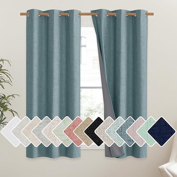 NICETOWN 100% Absolutely Blackout Linen Curtains with Thermal Insulated Liner, Skylark Blue, 42" Wide, 54" Length Energy Saving Curtains for Dining Room 2 Panels Set, Vertical Blinds