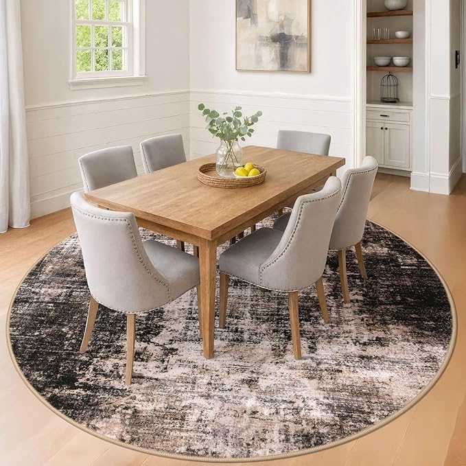 IOHOUZE Abstract Round Area Rug 8 Ft Washable Circle Rugs Large Round Rug Non Slip Thin Soft Circle Rugs, Printed Faux Wool Floor Carpet for Bedroom Living Room Dining Room Nursery, Brown/Rust