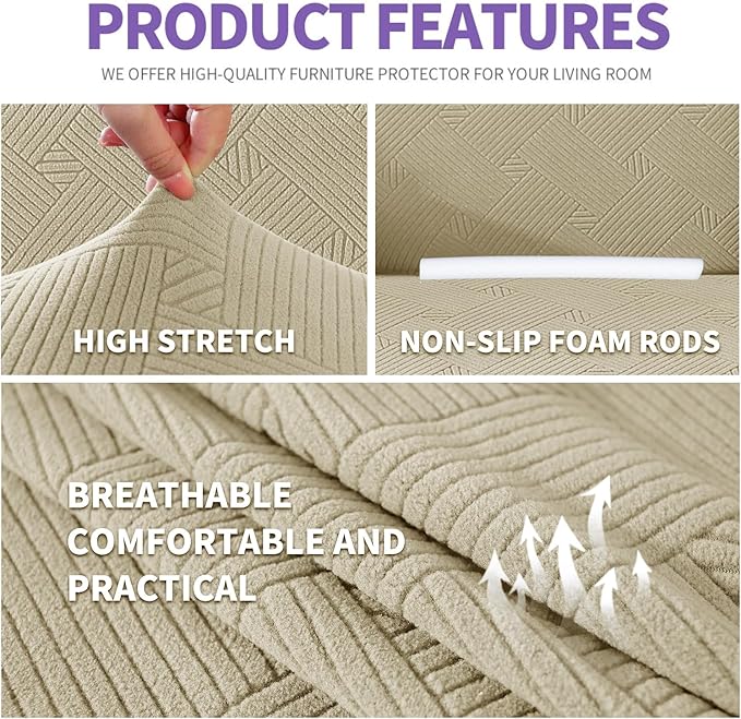 ZNSAYOTX Super Stretch Couch Cover (72"-92"), New Striped Sofa Covers Fitted Slipcovers with Elastic Bottom, Dog Cat Pets Proof Spandex Fabric Comfortable & Durable (Khaki, Sofa)