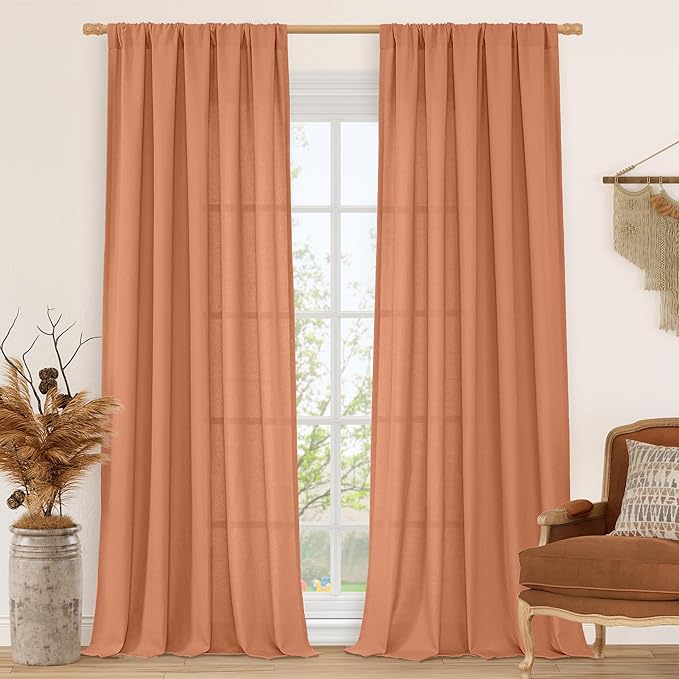LAMIT Terracotta Linen Boho Curtains 84 inch Length 2 Panels, Light Filtering Burnt Orange Drapes Rod Pocket Western Rustic Panels for Bedroom/Living Room, 52 x 84 Inch