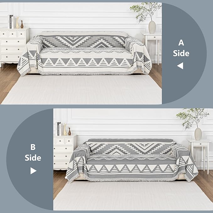 MYSKY HOME Sectional Couch Cover Grey Boho Geometric Sofa Covers for Sectional Sofa L Shape Chenille Couch Protector for Dogs Pets Couch Throw Cover Washable Durable for Home Decor, 71" X118"