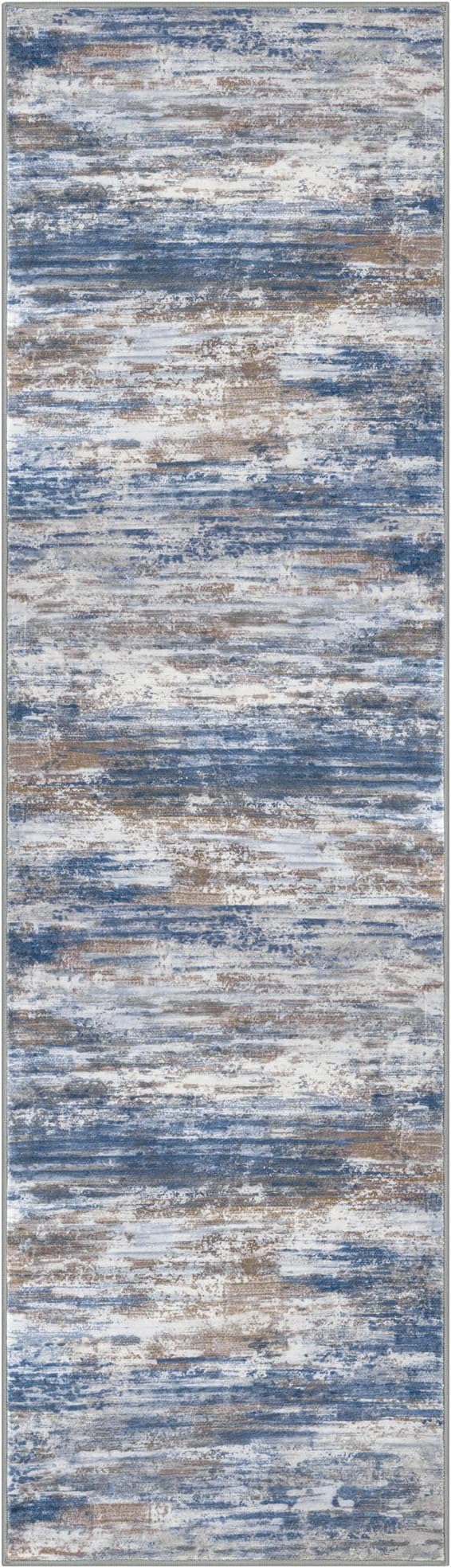 KOZYFLY Modern Abstract Washable Rug Runner 2x7 Hallway Runner Rug Non-Slip Soft Kitchen Runner Rugs, Print Blue Rust Striped Carpet Runner for Entryway Bathroom Laundry Room Foyer
