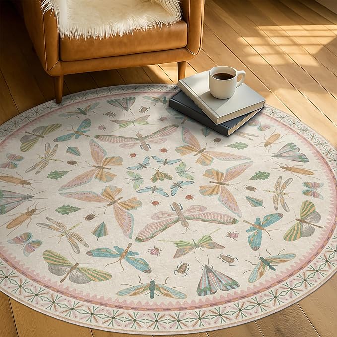 Insect Pink and Blue 5ft Round Area Rug for Living Room - Washable Floral Fun Boho Rugs for Playroom, Girls Bedroom Décor with Butterfly Pattern - Low Pile Soft Circle Carpet