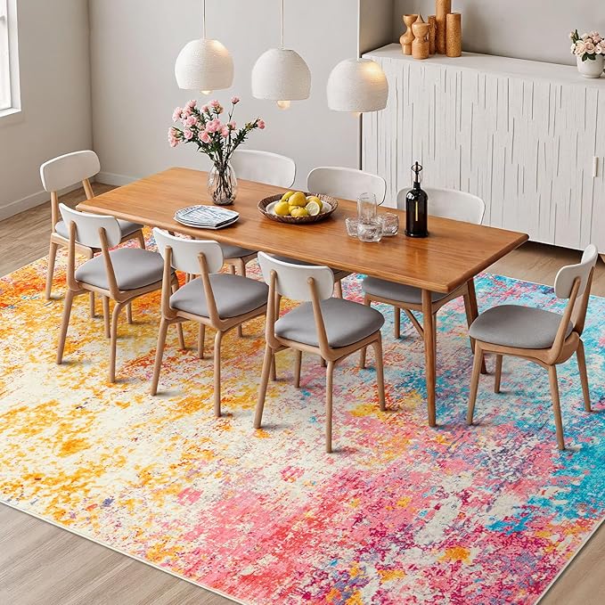 Rugflix 6x9 Area Rugs for Living Room, Washable Large Multicolor Rug Stain-Resistant Low Pile, Modern Carpet for Dining Room Home Office Kid Room Nursery Bedroom, Colorful Rainbow