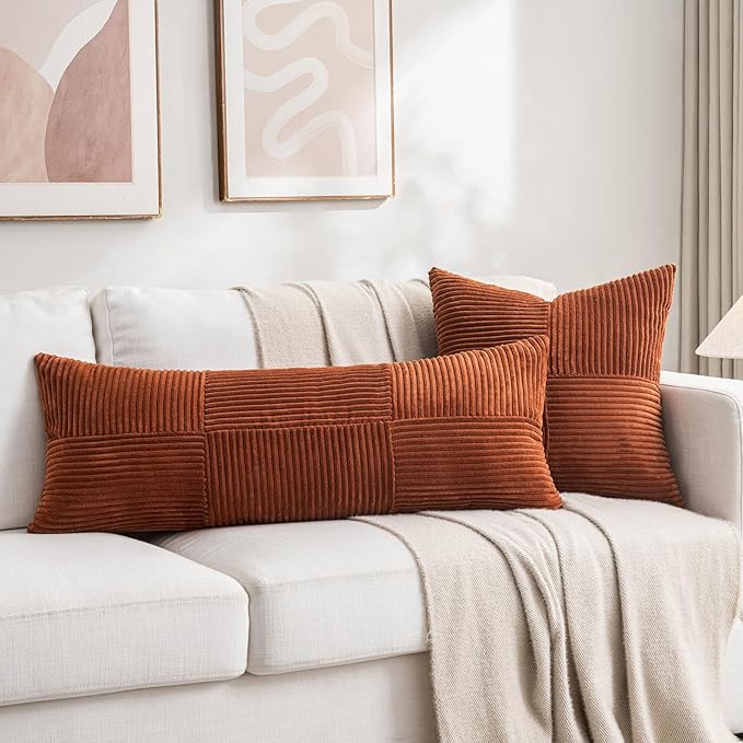 Fancy Homi 2 Packs Rust Boho Decorative Throw Pillow Covers 18x18 Inch for Couch Bed Sofa, Farmhouse Fall Home Decor, Soft Corss Corduroy Patchwork Textured Terracotta Accent Cushion Case 45x45 cm
