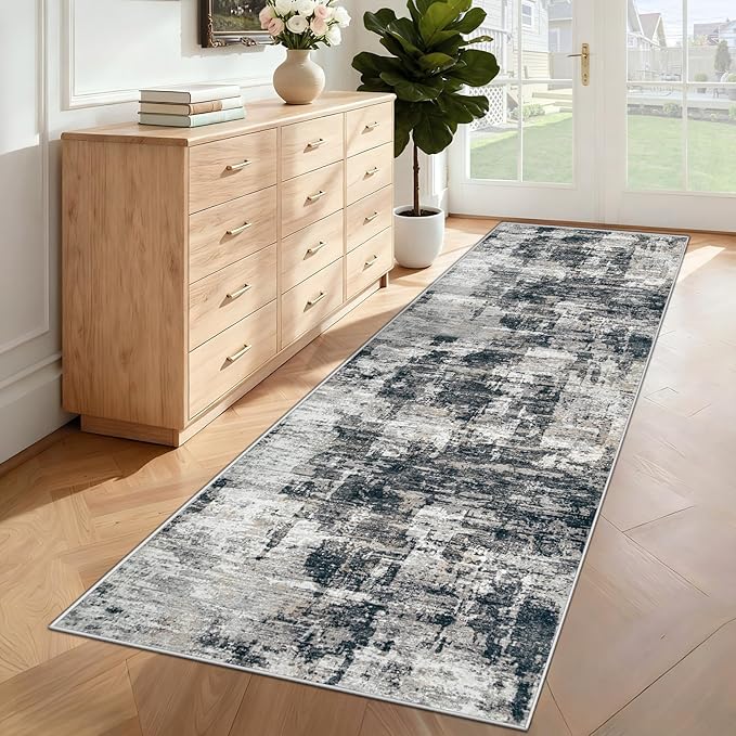 XLUEZ 2x8 Runner Rug for Hallway, Washable Modern Abstract Runner Rugs Neutral Soft Non Slip Kids Rug Stain Resistant Indoor Runners for Entryway Bedroom Kitchen Laundry Room(BlackGrey, 2'x8')