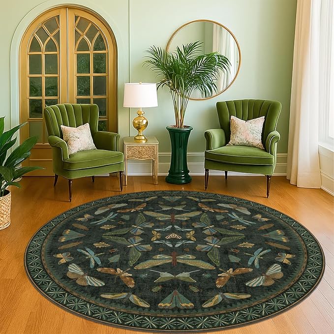 Dark Green Insect 6ft Round Washable Area Rug for Living Room - Non Skid Low Pile & Soft Carpet for Bedroom Beside Bed, Forest Butterfly Design Stain Resistant Home Décor