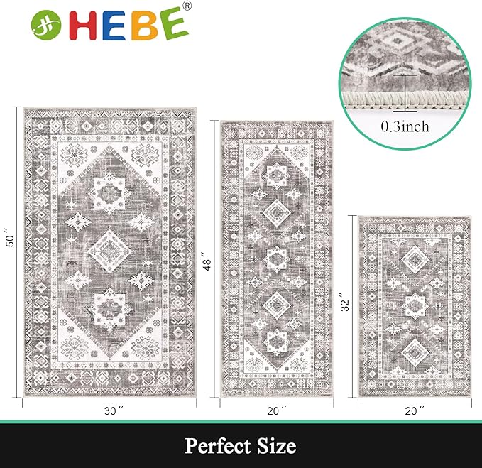 HEBE Boho Kitchen Rug Sets 3 Piece with Runner Non Slip Kitchen Rugs and Mats Washable Kitchen Mats for Floor Thick Kitchen Floor Mat Carpet Runner Rugs for Hallway Laundry Holiday Decor