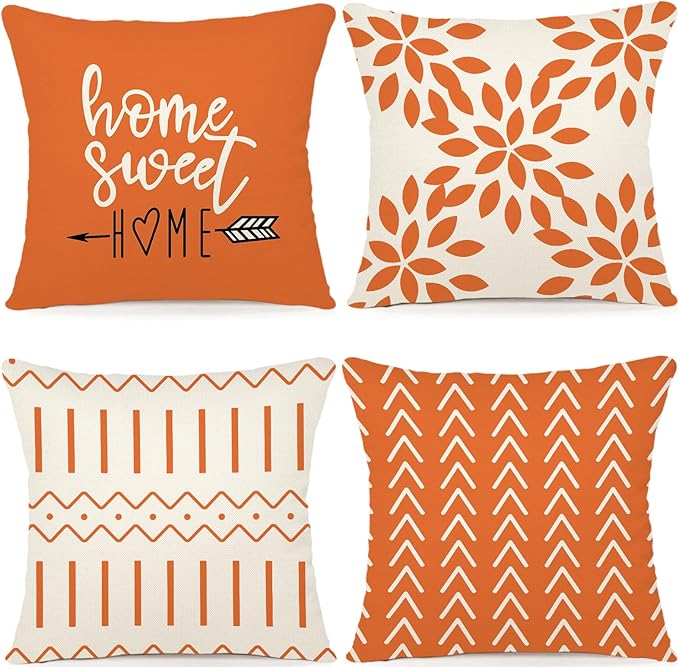 YCOLL Fall Pillow Covers 20x20 Set of 4, Modern Sofa Throw Pillow Cover for Fall Decor, Decorative Outdoor Linen Fabric Pillow Case for Couch Bed Car, Orange