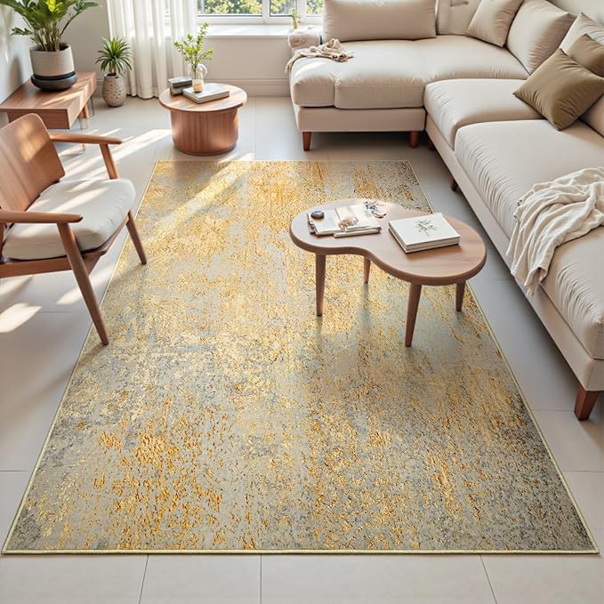 Area Rug 4x6 Rug Washable Boho Rugs Non Slip Low Pile Abstract Small Carpet for Entryway, Bedroom, Kitchen, Classroom, Kids Room, Office, Dorm, Dining Room (Orange, Silver & Gray)
