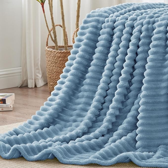 BEDELITE King Size Blanket for Bed, 300GSM Soft & Warm Fleece Blanket, Decorative and Giftable Striped Light Blue Blankets for Women, Men, 108"x90"