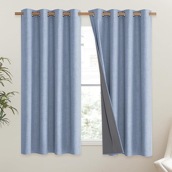 NICETOWN Stone Blue Vintage Linen 100% Blackout Curtains for Living Room, Thermal Insulated Curtains 48" Long, Noise Reducing Window Treatment Drapes for Hall Room, 52" Wide Per Panel, Set of 2