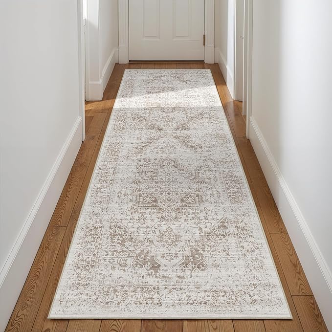 3x8 Washable Hallway Runner Rug - Non Slip Kitchen Runner Rugs with Rubber Backing Vintage Low-Pile Carpet Runners for Entryway Dining Room Laundry Room Home Decor (Cream/Camel)