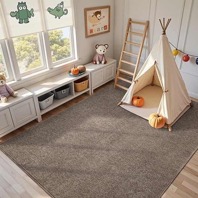 FinRèc Low Pile 6x9 Washable Area Rugs for Bedroom Living Room, Thin Rug Solid Color, Non-Slip Carpet Indoor for Home Decor (Brown)