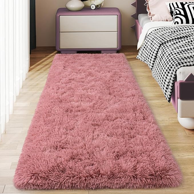 Soft Runner Rugs for Bedroom Hallways, 2x5 Blush Pink Fluffy Shag Throw Area Rug Non Slip for Bedside Dorm, Long Shaggy Furry Carpet for Nursery Living Room