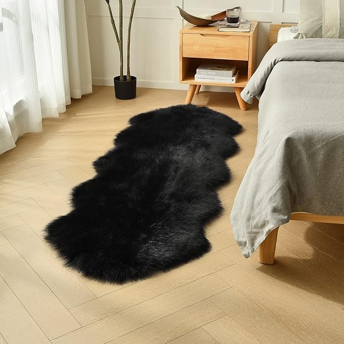duduta Black Faux Sheepskin Runner Rugs 2x6 ft, Fluffy Shag Bedroom Rug Fur Couch Sofa Covers Halloween Decor Washable