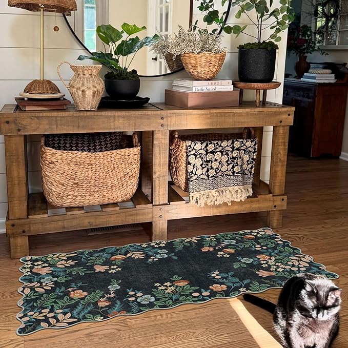 Front Door Mat Indoor Entrance - 2x4.3 Ft Black Floral Washable Layered Doormat Outdoor Entrance Porch Rug Non-Slip Boho Runner Rug for Kitchen Hallway Bedroom Laundry Room Porch Decor