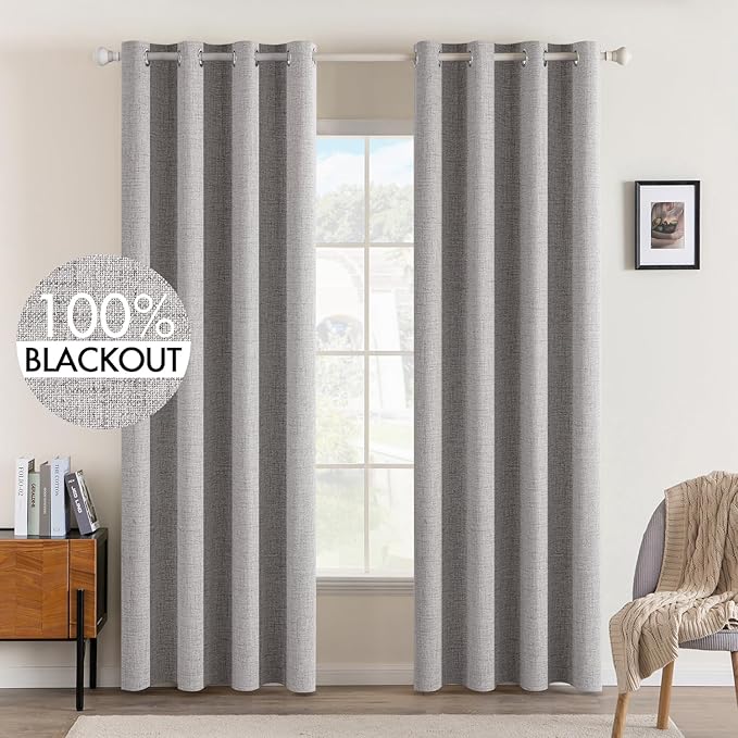 MIULEE Linen Texture 84 Inches Curtains for Bedroom 100% Blackout Thermal Insulated Light Gray Curtains Grommet Room Darkening Drapes for Living Room Nursery 52x84 Inch (2 Panels)