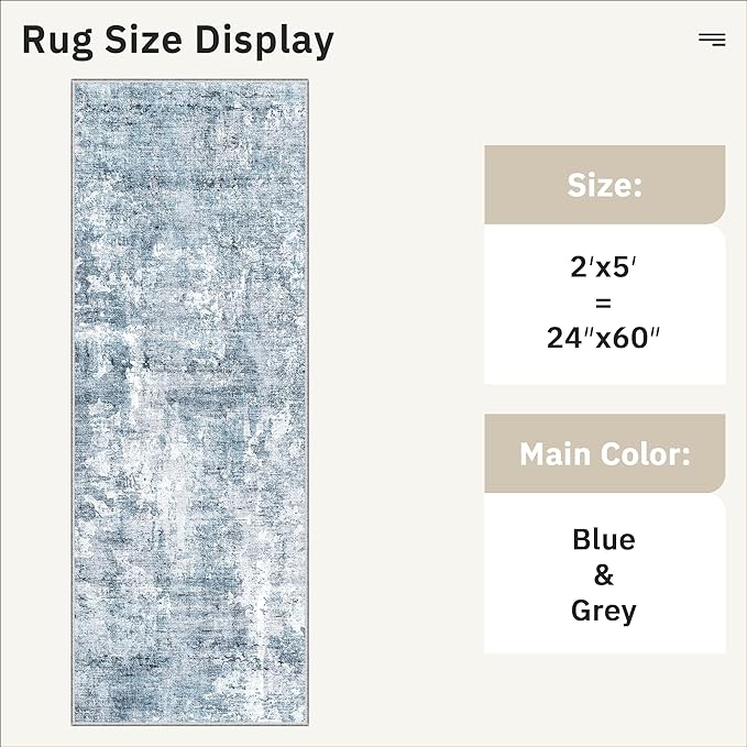 Runner Rug 2x5 Washable Non-Slip Kitchen Runner Rugs for Bathroom Laundry Room Blue/Grey Vintage Floor Carpet Runners for Hallway Entryway