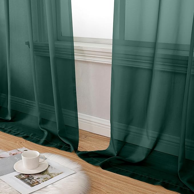 Aiyufeng Hunter Green Sheer Curtain Drapes 54 Inch Length 2 Panels for Living Room, Light Filtering Voile Green Drapes for Bedroom, Patio, Sliding Door, Each 42" W x 54" L