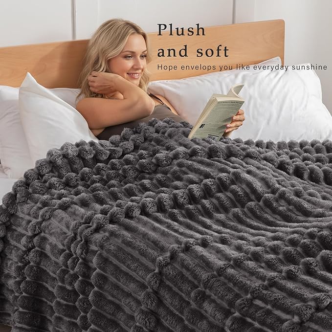 Exclusivo Mezcla Queen Size Flannel Fleece Blanket, Super Soft Striped Jacquard Bed Blanket, Lightweight Fuzzy Cozy for All Seasons, 90x90 Inches, Dark Grey
