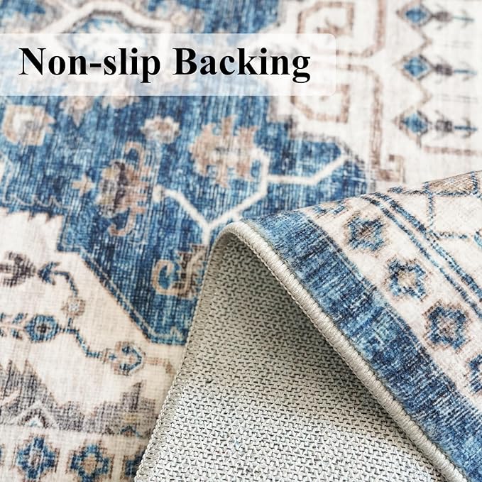 Washable 4x8 Hallway Runner Rug: Vintage 8ft Soft Runners for Entry Kitchen Wide Low Pile Carpet with Non-Slip Backing for Living Room Bedroom Thin Bathroom Carpet for Dining Room Foyer（4x8,Blue