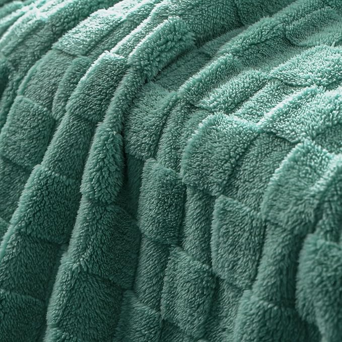 Exclusivo Mezcla Queen Size Flannel Fleece Blanket, Super Soft and Warm Lightweight Checkered Pattern Blankets for All Seasons, 90x90 Inches, Celadon