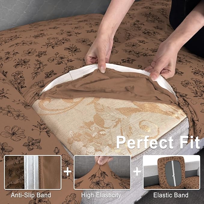 Leather Look Couch Cushion Covers Sofa Seat Slipcovers Sets Couches Furniture Protector for Sectional Armchair Loveseat Pets Kids Stretch Spandex Fabric (3 Cushion Sofa, Brown 01Flower)