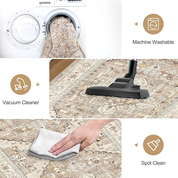 Yamaziot Washable Runner Rug, 2x5 Non-Slip Boho Vintage Hallway Rug Runner with Rubber Backing, Stain Resistant Faux Wool Distressed Carpet Runner for Kitchen, Laundry, Entrance, Beige Brown