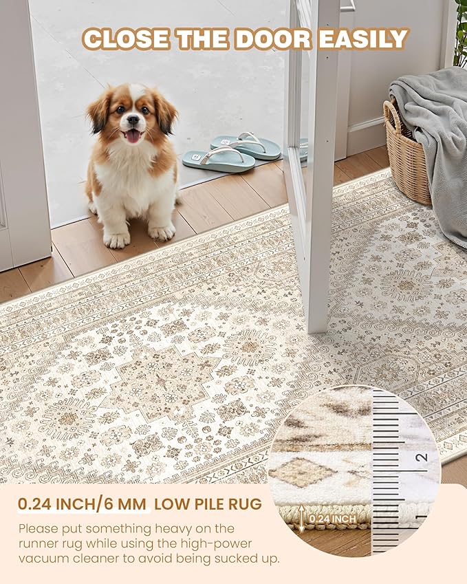 Carpet Runners for Hallway 12ft, Non-Slip Long Bathroom Rugs Runner for Kitchen, Living Room, Soft Vintage Washable Rug for Entryway, Thin Floor Mat for Dining Room(Cream/Beige,2.5'x12')