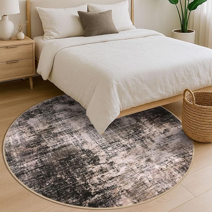 IOHOUZE Abstract Round Area Rug 6 Ft Washable Circle Rugs Large Round Rug Non Slip Thin Soft Circle Rugs, Printed Faux Wool Floor Carpet for Bedroom Living Room Dining Room Nursery, Brown/Rust
