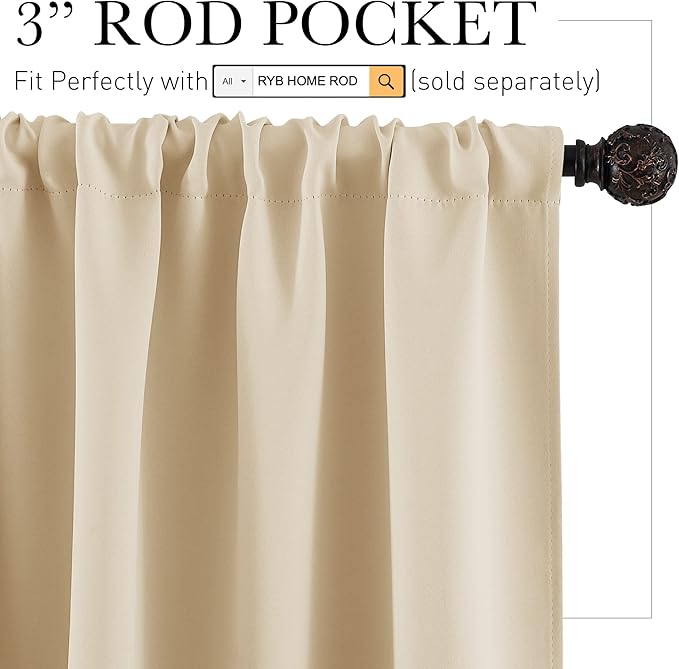 RYB HOME Cafe Curtains 30 inch Length, Short Light UV Heat Blocking Energy Saving Privacy Curtain Tiers for Basement Bathroom Kitchen Window, Width 29 by Length 30, Biscotti Beige, 2 Panels