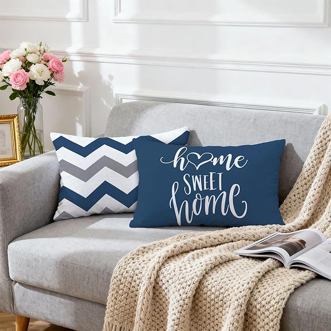 Hexagram Geometric Blue Pillow Covers 12x20 Set of 4, Decorative Outdoor Boho Modern Throw Pillow Covers, Home Sweet Home Farmhouse Cushion Case for Couch Sofa Bedroom Indoor Decor(No Insert)