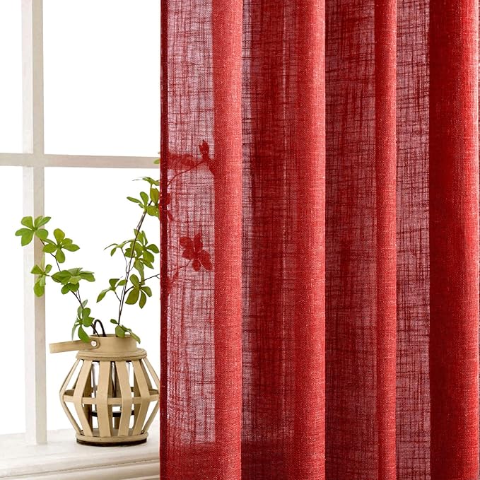 MIULEE Red Linen Short Curtains 63 Inch Length 2 Panels for Kitchen Bedroom, Christmas Soft Thick Linen Textured Window Drapes Living Room Semi Sheer Light Filtering Back Tab Burlap Look Decor