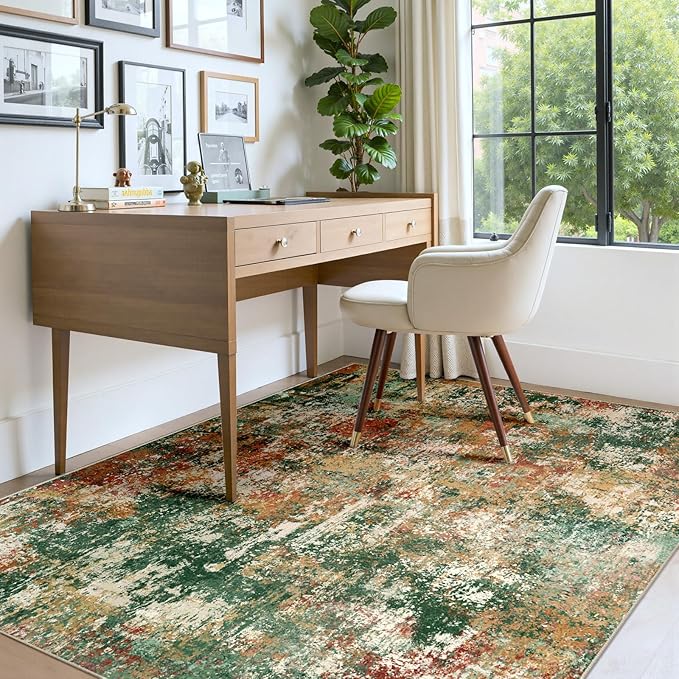 Washable Area Rugs 7'x9' Non-Slip Modern Abstract Soft for Living Room Entryway Bedroom Nursery, Print Pattern, Green Orange Rust Red Cream Colorful