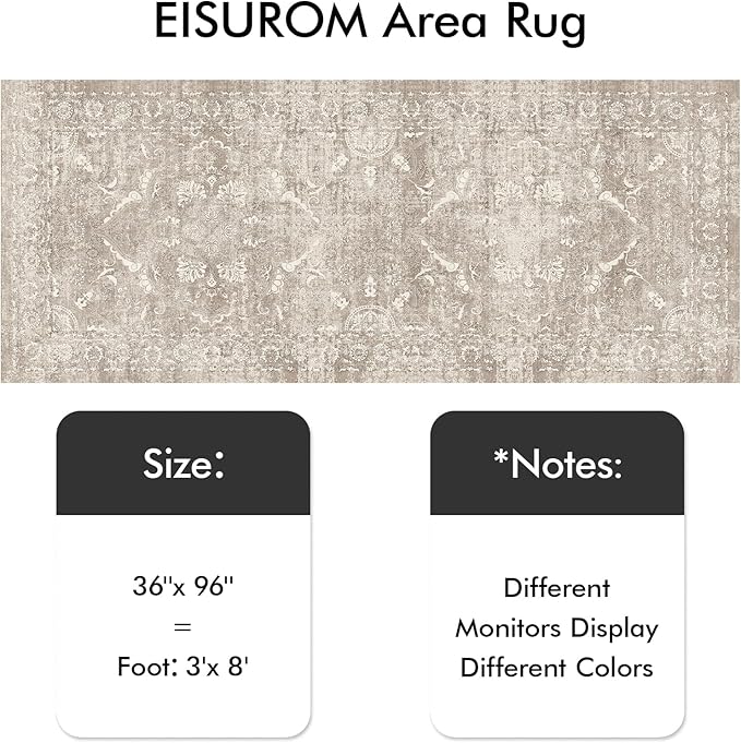 Washable 3x8 Runner Rug - Non-Slip Vintage Runner Rug for Entryway Low-Pile Medallion Long Rugs for Hallway Waterproof Traditional Runner Rug Indoor Thin Rug for Kitchen (Distressed Beige & Ivory)
