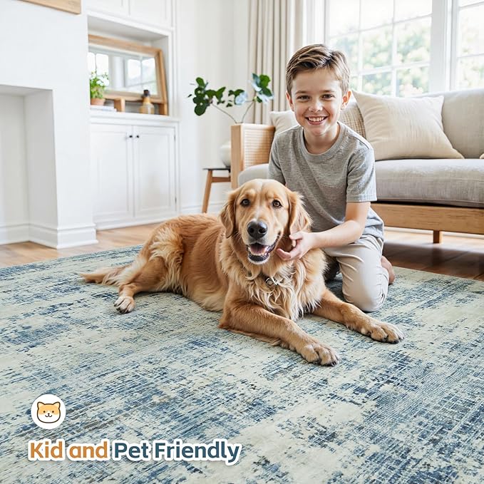 9x12 Area Rugs for Living Room Washable Rug: Anti-Skid Abstract Modern Living Room Rug Soft Thin Carpets Indoor Floor Non-Shedding Carpet for Bedroom Dining Farmhouse Nursery Blue Gray Gold