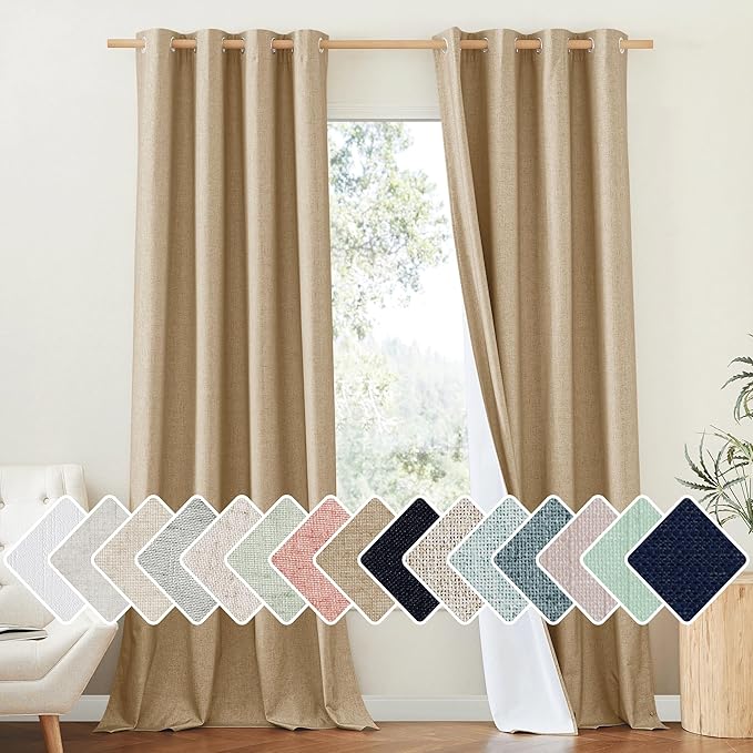 NICETOWN 100% Absolutely Blackout Linen Curtains with Thermal Insulated White Liner, Camel, W52 x L102, 2 Panels, Textured Linen Look Noise Reducing Window Treatments Drapes for Bedroom/Living Room