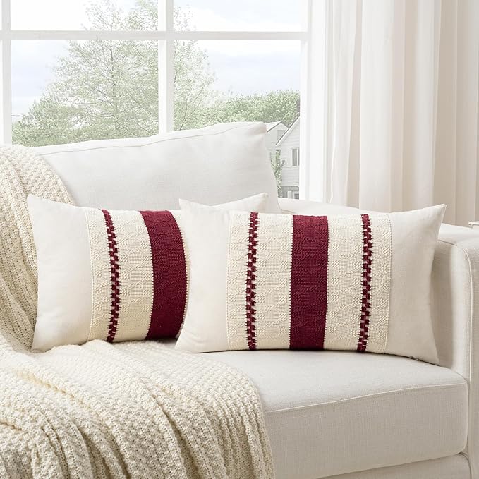 Fancy Homi Set of 1 Burgundy Boho Long Lumbar Decorative Throw Pillow Cover 12x20 Inch for Couch Bed Sofa, Aesthetic Modern Farmhouse Christmas Room Decor, Soft Cotton Cute Wind Red Cushion Case