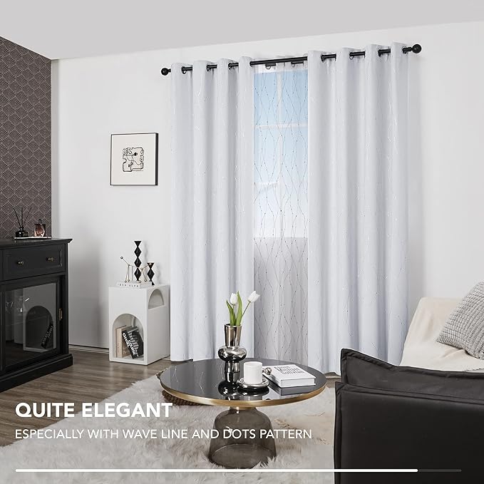 Deconovo Greyish White Curtains, Light Darkening Curtain, Thermal Insulated Noise Reducing Drapes, Silver Print, 52 x 95 Inch Long, Grommet Window Panels for Living Room Bedroom Patio Door, Set of 2
