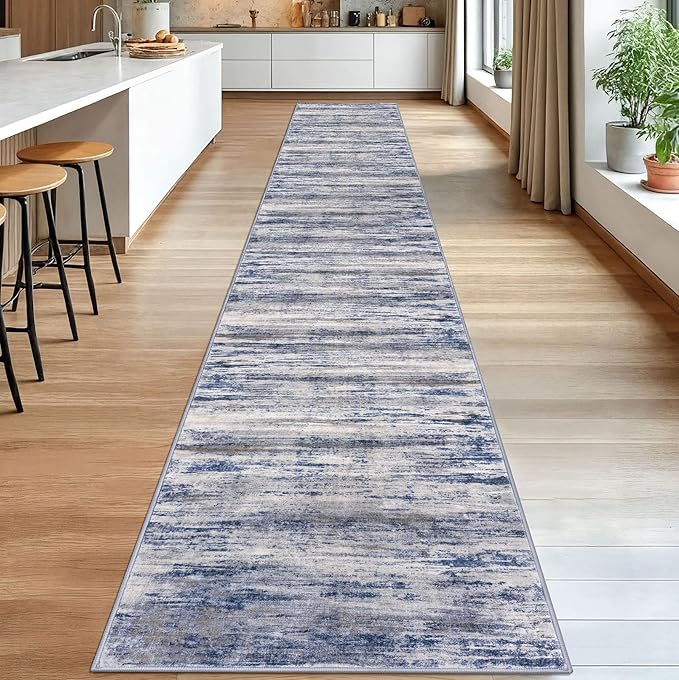 KOZYFLY Modern Abstract Washable Long Rug Runner 2.6x18 Hallway Rug Runner Non-Slip Soft Stair Runners, Grey-Blue Striped 18 feet Runner Rug for Kitchen Entryway Bathroom Laundry Room Foyer