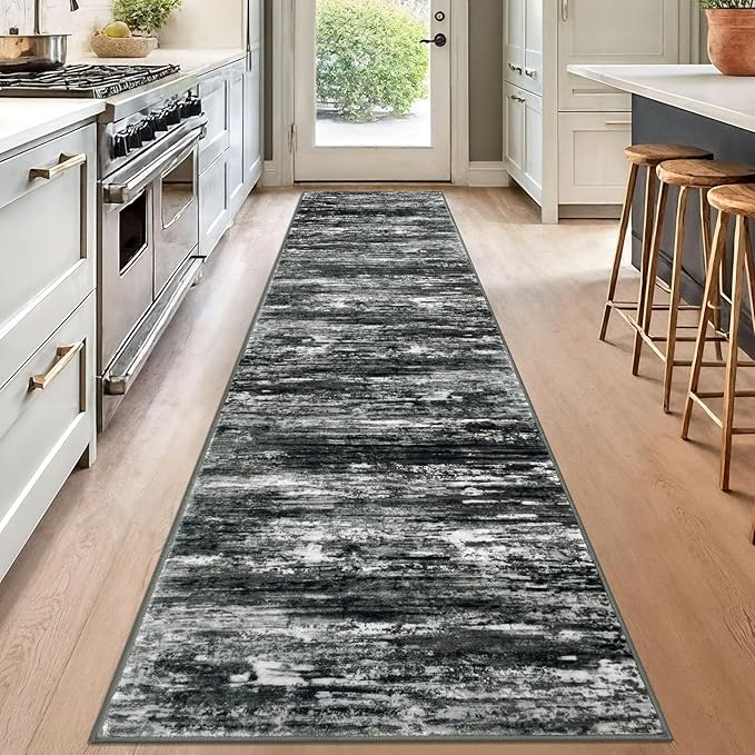 KOZYFLY Modern Abstract Washable Rug Runner 2.6x12 Hallway Rug Runner Non-Slip Soft Kitchen Runner Rugs, Black Grey Striped Carpet for Entryway Bathroom Laundry Room Foyer