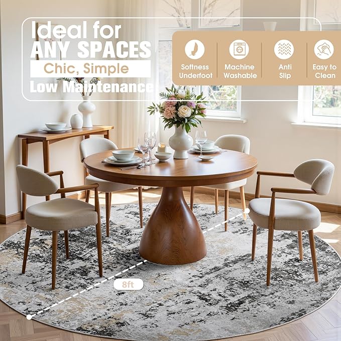 Round Rug 8ft Circle Rug Washable: Carpet Circular Area Rug for Entryway Kitchen Bedroom Dining Room Living Room Large 8 Feet Abstract College Dorm Non Slip Low Pile Black Grey Gold