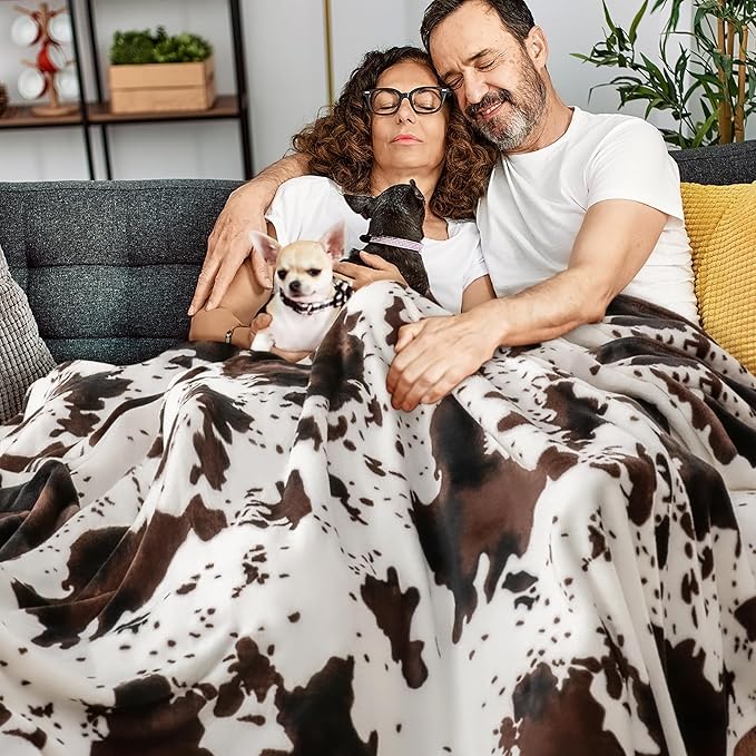 BEDELITE Cow Print Throw Blanket Twin Size for Couch & Bed, 300GSM Cute Plush Cozy Fuzzy Blanket 60x80 inches, Super Soft Warm Lightweight Throw Blanket for Travel Camping, Brown