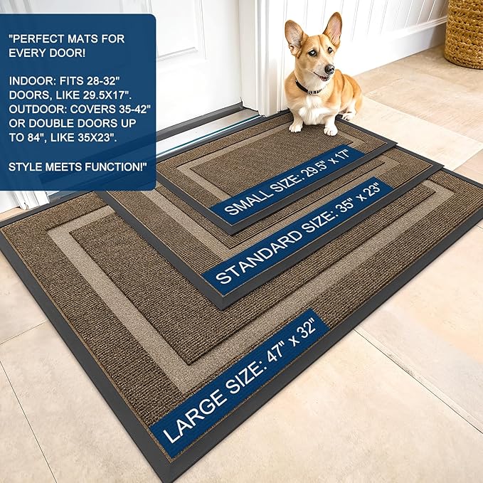 OLANLY Front Door Mat Indoor Outdoor Entrance, Waterproof All-Season, All-Weather Doormat, Sturdy Natural Rubber, Fade Resistant, Low Profile, Easy Clean Patio Porch Entryway Mat, 47x23, Brown