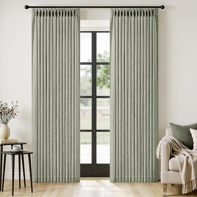 MIULEE Pinch Pleated Thick Linen Curtains 96 Inches Long 2 Panels for Living Room Bedroom, Memory Trained Pleat Drapes Light Filtering Sage Green Semi Sheer Window Curtains Hooks Rings Back Tab