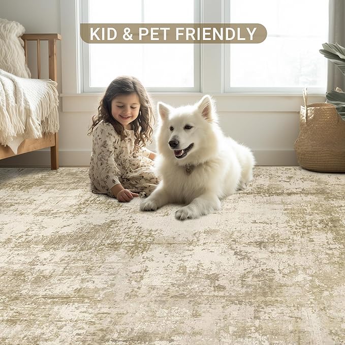 LEPEII 9x12 Area Rug, Modern Abstract Washable Large Rugs for Living Room, Dining Room, Non-Slip Non Shedding Low Pile Home Decor Durable Bedroom Rug-Beige