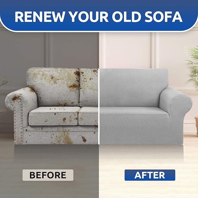 KEKUOU Stretch Sofa Cover Slipcover ，Couch Covers for 3 Cushion Couch Sofa pet Friendly (78"-94") Furniture Protector Sofa with Elastic Bottom for Kids,Dog, Jacquard Small Checked(Large,Silver)