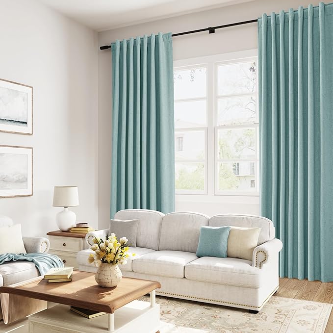 Guken 100% Blackout Linen Curtains 72 Inch Length 2 Panels Set for Living Room Bedroom Back Tab Thermal Insulated Black Out Linen Drapes Room Darkening Window Curtains,Light Blue